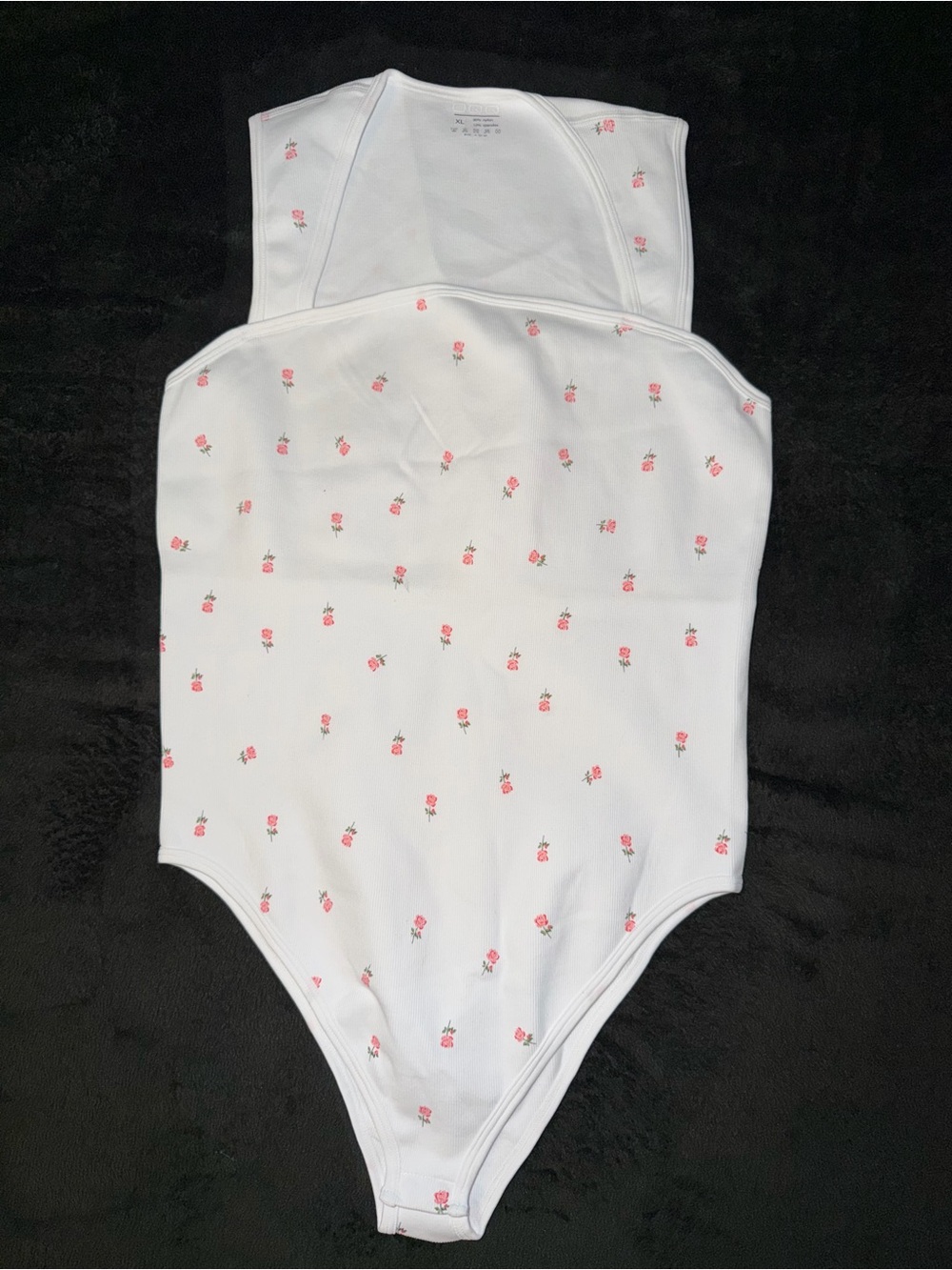 White Floral Print Sleeveless Bodysuit with Pink Rose Pattern